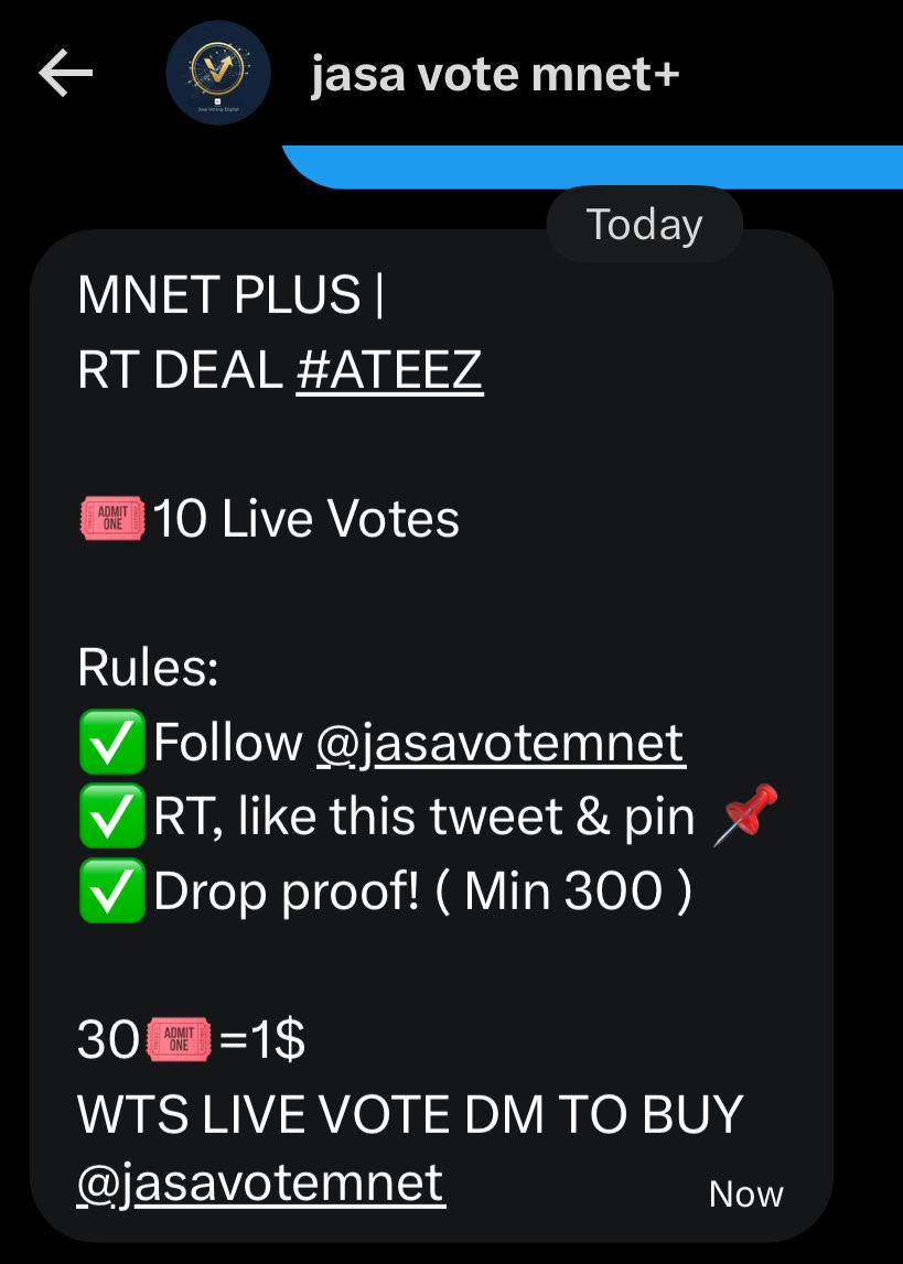 MNET PLUS | 
RT DEAL #ATEEZ

🎟️10 Live Votes

Rules:
✅Follow <a href="/jasavotemnet/">jasa vote mnet+</a>
✅RT, like this tweet &amp; pin 📌
✅Drop proof! ( Min 300 )

30🎟️=1$ 
WTS LIVE VOTE DM TO BUY <a href="/jasavotemnet/">jasa vote mnet+</a>