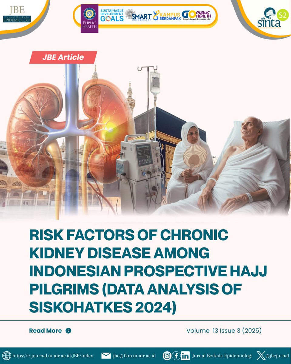 JbeJurnal's tweet image. Siskohatkes 2024 data shows family history is the strongest predictor, followed by diabetes, male sex, age ≥60, and hypertension. Early screening &amp;amp; integrated monitoring are key for safer Hajj preparation.

🔗doi.org/10.20473/jbe.V…

#CKD #HajjHealth #PublicHealth #Epidemiology
