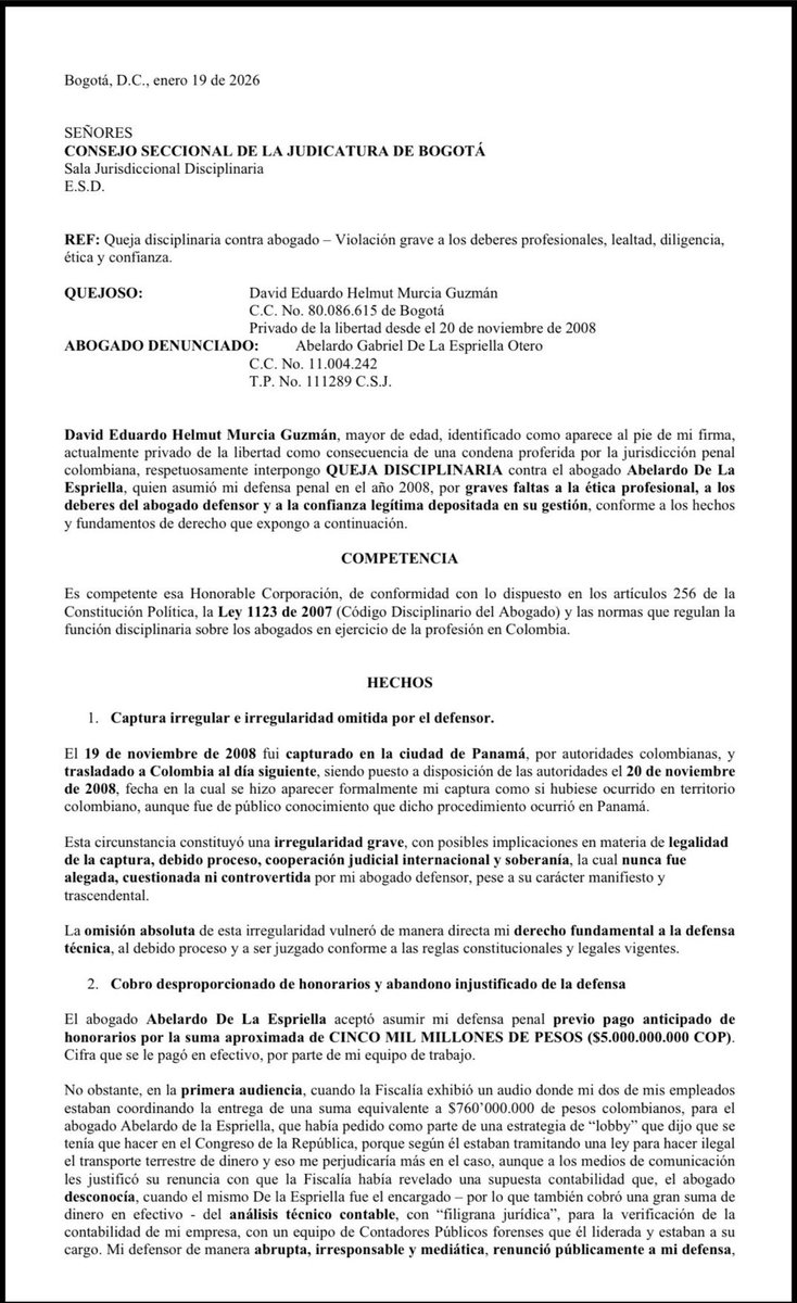 GustavoBolivar's tweet image. Resumo la denuncia:
Abelardo cobró $5.000 millones a David Murcia, por adelantado y en efectivo para asumir su defensa (¿los declaró a la DIAN?) más otras sumas por “lobby” en el Congreso, etc. De la Espriella renuncia a la defensa sin resultados y sin devolver la plata y…