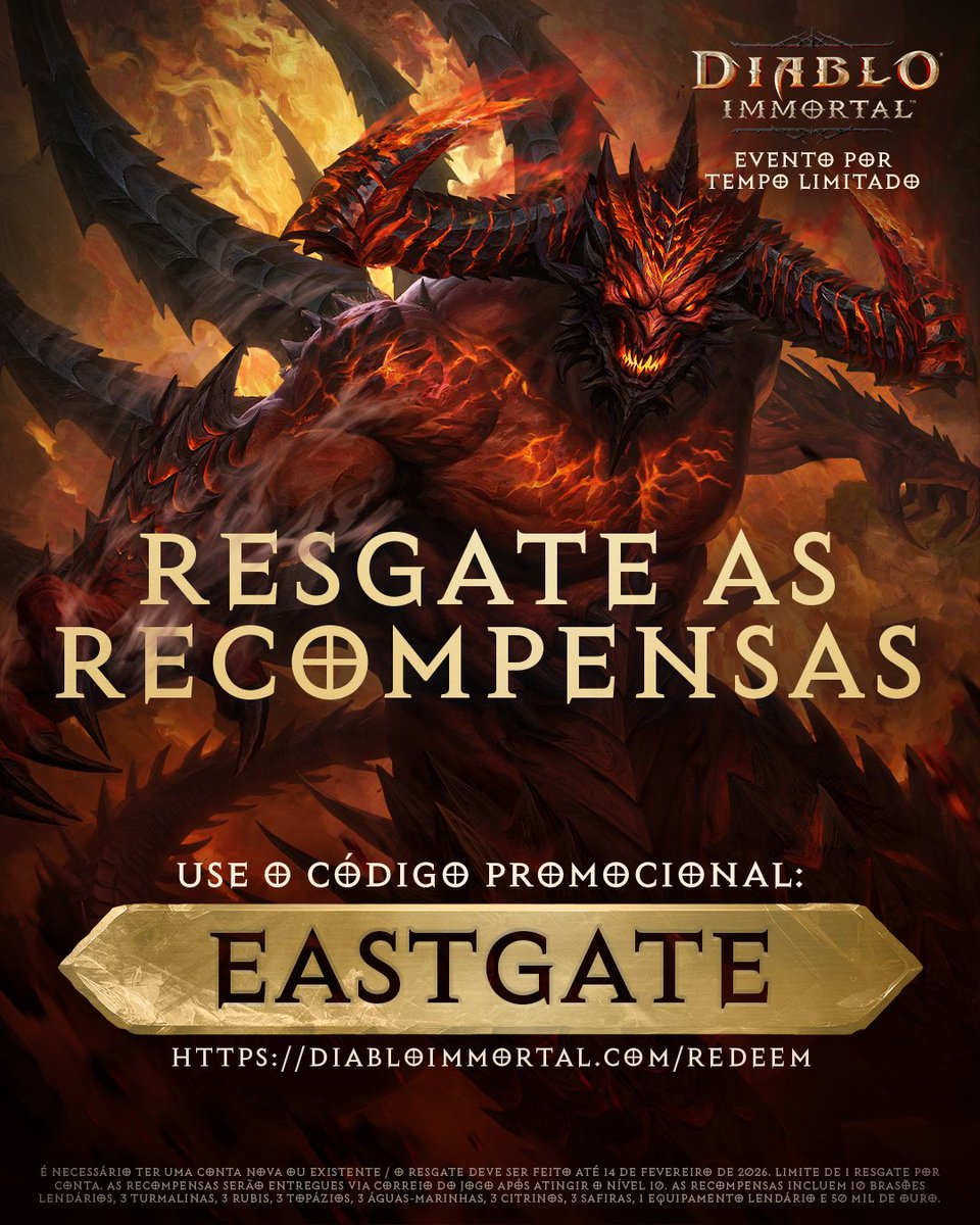 Obrigado por assistir ao Destaque do 30º aniversário de Diablo! Como forma de agradecimento, resgate este código promocional em diabloimmortal.com/redeem para ganhar 10 Brasões Lendários, uma peça de Equipamento Lendário, 50.000 de ouro e muito mais!