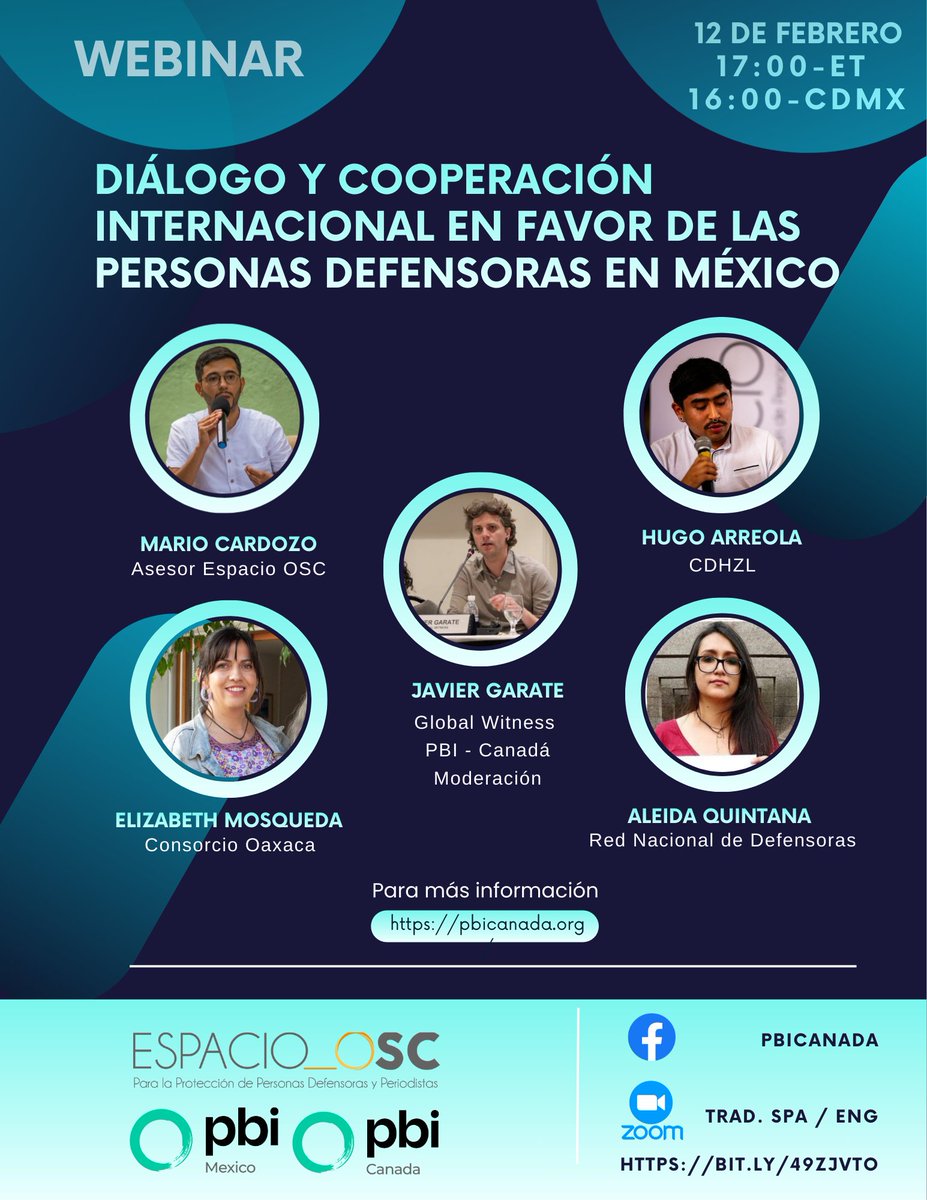 📌 #EnAgenda 

#Mañana Webinar | Diálogo y cooperación internacional en favor de las personas defensoras en #México

⏰ 16:00 h (#CDMX) | 17:00 h (ET 🇨🇦)
📍 Zoom <a href="/PBIcanada/">Peace Brigades International - Canada</a>

Participan: <a href="/cdhzloficial/">Centro de Derechos Humanos Zeferino Ladrillero AC</a> <a href="/consorciooaxaca/">Consorcio Oaxaca</a> <a href="/RedDefensorasMx/">𝗥𝗲𝗱 𝗗𝗲𝗳𝗲𝗻𝘀𝗼𝗿𝗮𝘀 𝗠é𝘅𝗶𝗰𝗼</a> <a href="/PBI_Mexico/">Peace Brigades International-México</a>

🔗 bit.ly/49ZjvTO