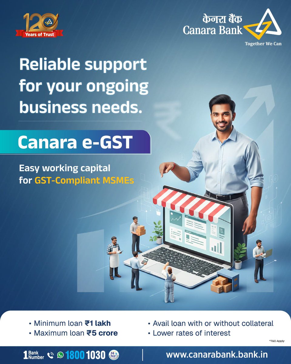 canarabank's tweet photo. Canara e-GST empowers MSMEs with quick, collateral-free loans using GST return data.
Access funding based on your turnover through a seamless online process, making financing simpler and faster for your business.
#CanaraBank #MSMEs #eGST #TogetherWeCan https://t.co/1jA68DyRDs