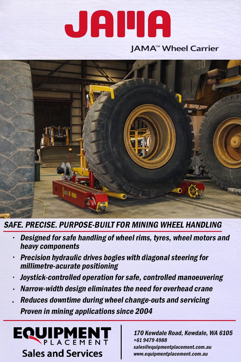 EquipPlacement's tweet photo. JAMA™ Wheel Carrier's set the standard for safe &amp; precise wheel handling
Purpose-built for handling wheel rims, tyres, wheel motors &amp; heavy components. Proven in mining since 2004, reducing downtime, improving safety. sales@eqgroup.com.au | https://t.co/TSN4Y4jkux | 08 9479 4988 https://t.co/MBptIymtMY