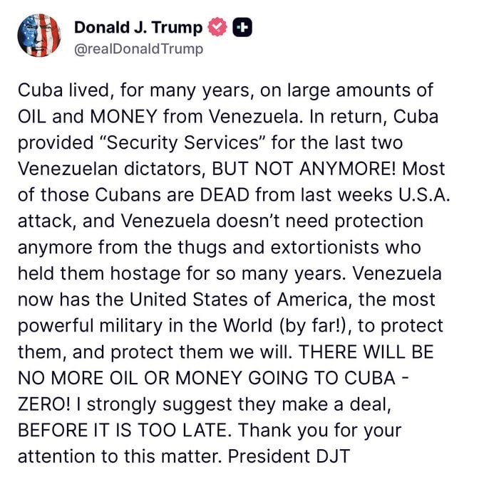🚨BREAKING:Donald Trump just sent a warning to Cuba “I strongly suggest you make a deal”.

It’s actually happening

Do you firmly support trump on this?

A. Huge Yes
B. No

IF Yes, Give me a THUMBS-UP👍!!