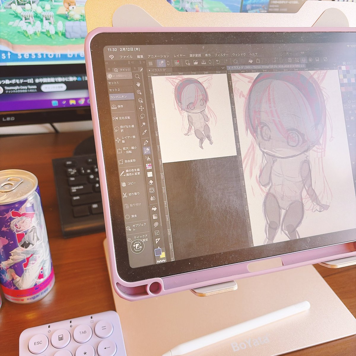 ラフ作業🥰反転絵を横に並べる方法を知ったのでやってみたらめっちゃ便利で捗る✨