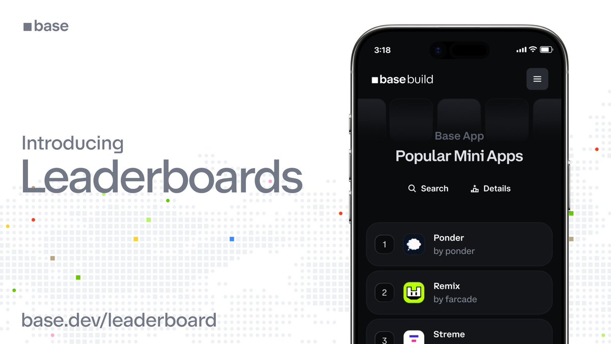 Leaderboards are now live on base[dot]dev 

This update brings automatic distribution to top apps and makes it easier for users to discover what’s trending inside the <a href="/base/">Base</a> ecosystem.
The first leaderboard starts with Mini Apps in <a href="/baseapp/">Base App</a>  giving builders real visibility and