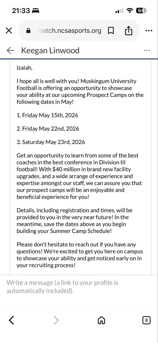 IKeebaugh88403's tweet photo. Thanks for the camp invite @MuskingumFB @Tos93 https://t.co/etTxdZdcRi