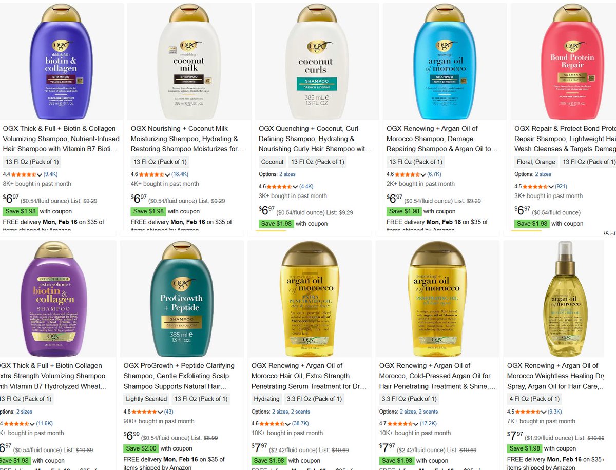13oz OGX Shampoo or Conditioners only $4.64 or $3.94
1. Click amzn.to/462ZDN6 and choose. Can get one of each
2. Clip the coupon under the price
3. Do a subscribe &amp; Save order to get the lower price