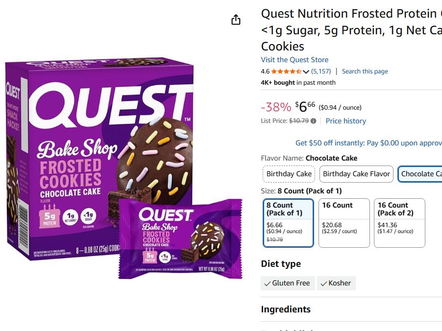 8 Pack Quest Nutrition Frosted Protein Cookies, Chocolate Cake $6.65
Click amzn.to/4afePco limit 3
.