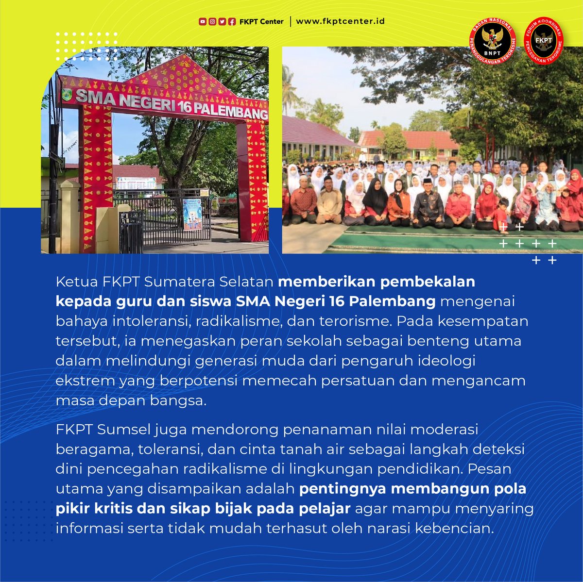 fkptcenter's tweet photo. FKPT Sumatera Selatan menguatkan peran guru dan pelajar lewat edukasi moderasi, toleransi, dan literasi digital agar generasi muda tak mudah terpapar paham ekstrem.
#FKPTSumsel #FKPT
#BNPT
#SiapJagaIndonesia
#CegahTerorisme https://t.co/iR6wazlXr3