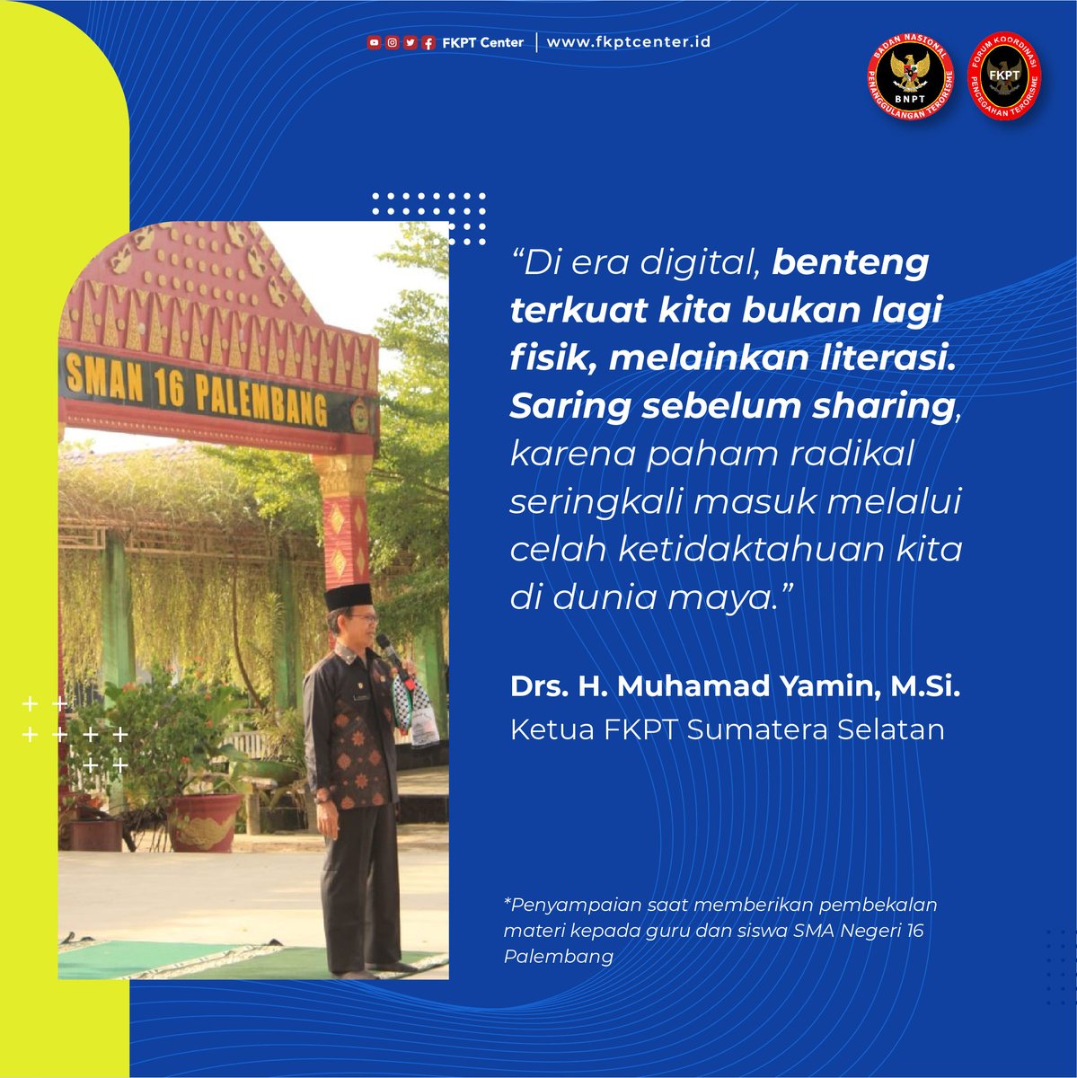 fkptcenter's tweet photo. FKPT Sumatera Selatan menguatkan peran guru dan pelajar lewat edukasi moderasi, toleransi, dan literasi digital agar generasi muda tak mudah terpapar paham ekstrem.
#FKPTSumsel #FKPT
#BNPT
#SiapJagaIndonesia
#CegahTerorisme https://t.co/iR6wazlXr3