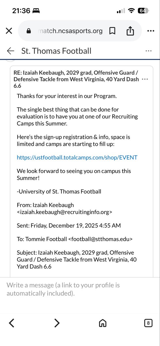 IKeebaugh88403's tweet photo. Thanks for the camp invite @UST_Football https://t.co/UXDQT7F1Dz