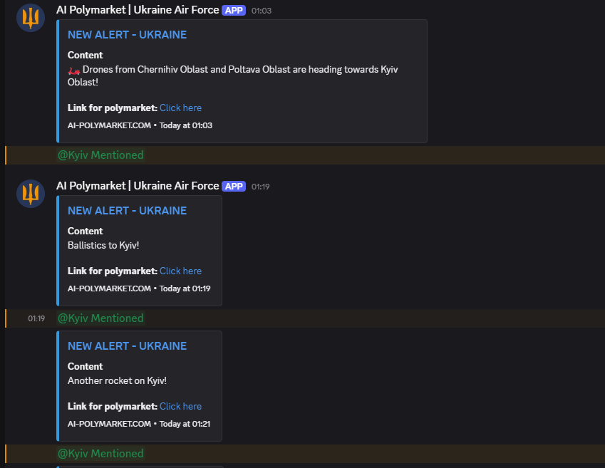Relaccsed's tweet image. Tonight our alerting system went absolutely haywire regarding strikes incoming to Kyiv.

You could have made GREAT money from this by betting on Polymarket as soon as the alerts landed.
polymarket.com/event/russia-s…

Join our Discord for free alerts: ai-polymarket.com/discord