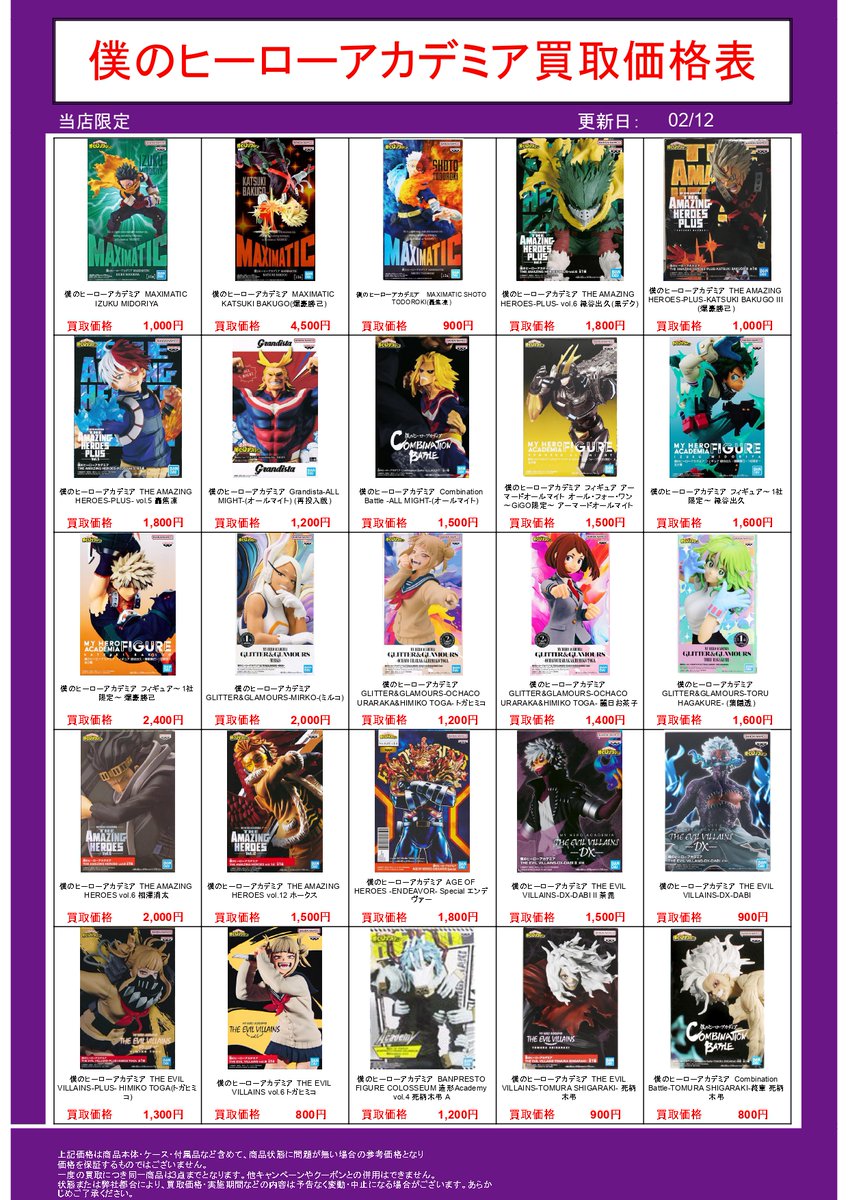 池袋本店限定❣】 プライズフィギュア買取表① 期間：2026/2/10（火