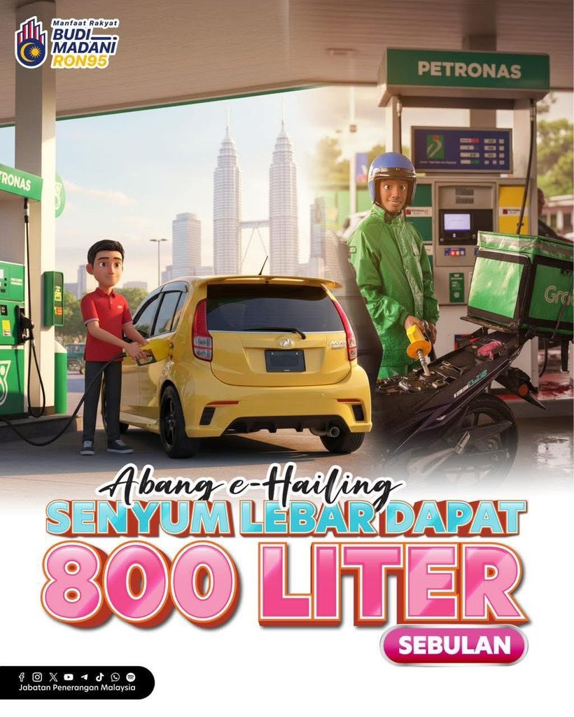 JPenerangan's tweet photo. 🚗 Berita baik untuk pemandu e-panggilan! ⛽️

Kerajaan menambah baik BUDI MADANI RON95 dengan had kelayakan sehingga 800 liter sebulan, tertakluk syarat perjalanan ditetapkan. ✅

#RancakkanMADANI
#MADANIBekerja
#TaatSetia
#JabatanPenerangan https://t.co/96iHug5jHZ
