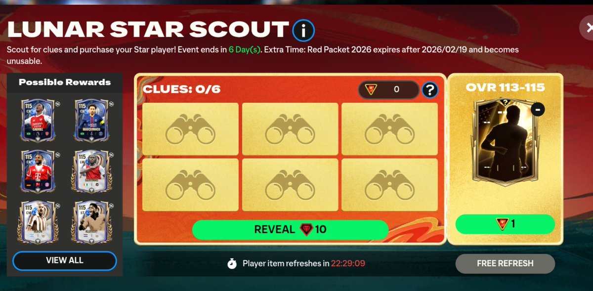 🧧 LUNAR NEAR YEAR 🧧 
STAR SCOUT

🔸There is a "𝙁𝙍𝙀𝙀 𝙍𝙀𝙁𝙍𝙀𝙎𝙃 " instead of spending ET tokens
🔸In Reveal There is "𝙂𝙀𝙈𝙎" 1st Reveal -10 Gems, 2nd- 20 Gems, 40 Gems, 100Gems and so on..
🔸Same OVR Players (113-115)
🔸To claim Players, You'll need 1 𝙍𝙀𝘿