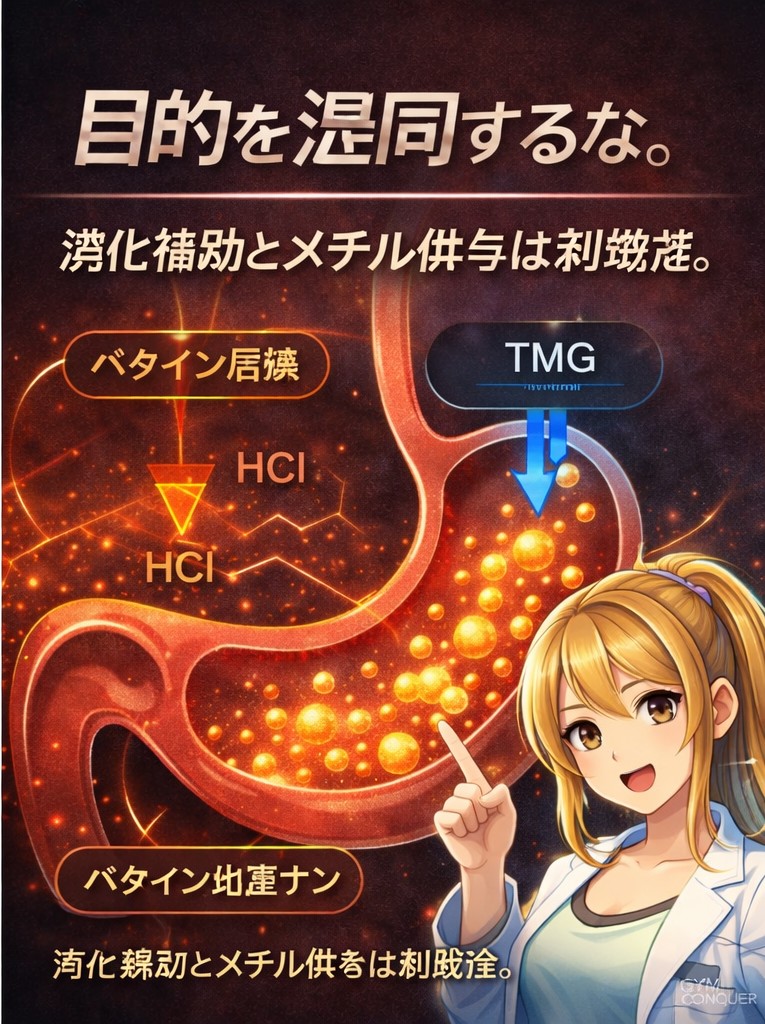 ベタイン塩酸は消化力を上げる？
✔ ベタイン塩酸
→ 胃酸補助で消化サポート
✔ ただし胃が痛む人は注意
→ 胃粘膜が弱い可能性
TMG（ベタイン単体）は胃酸補助ではなく
主にメチル供与作用。
“目的”を分けて考えるのが正解。
#ベタイン
#胃酸
#消化力
#サプリメント
#GYMCONQUER