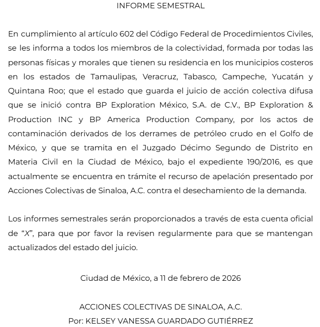 ACSinaloa's tweet photo. Les compartimos los informes semestrales, relativos a los juicios de acción colectiva presentados en contra de BP, con motivo del derrame de hidrocarburos desde la plataforma petrolera Deepwater Horizon, en el Golfo de México https://t.co/5hzVeTq3fe