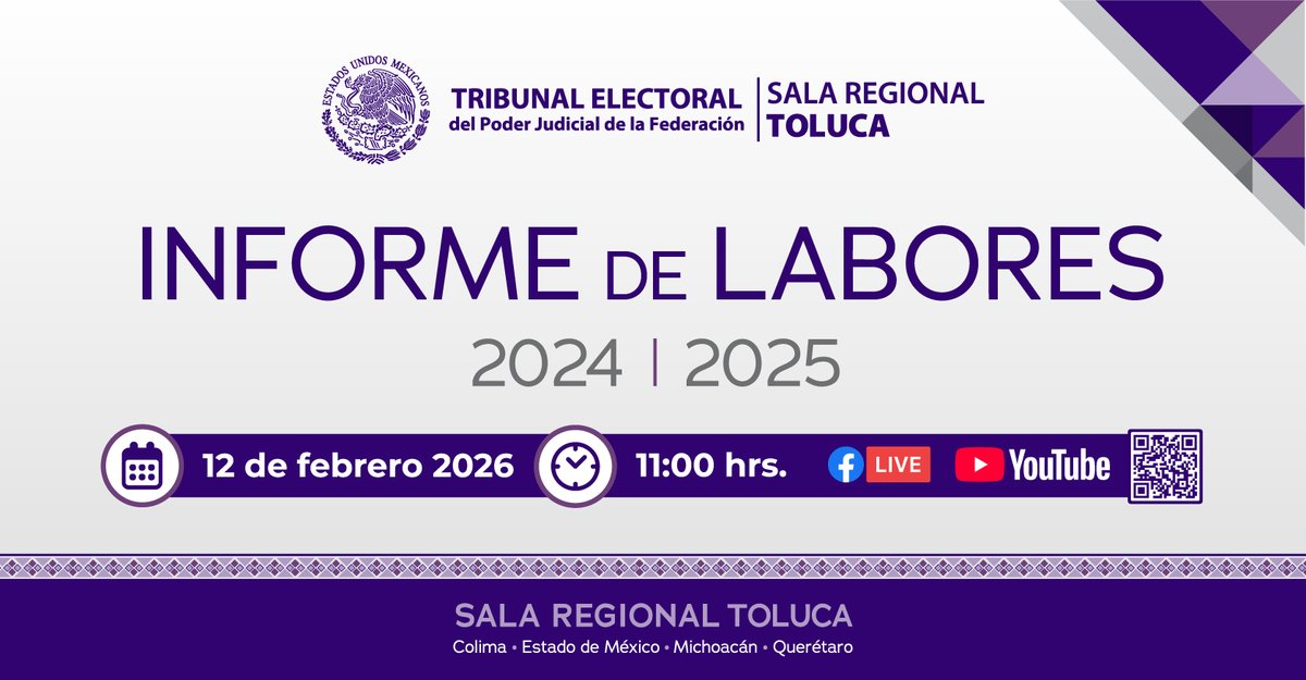 La justicia electoral también rinde cuentas.

Sigue el Informe de Labores 2024–2025 de la Sala Regional Toluca del #TEPJF

📅 12 de febrero de 2026
🕚 11:00 h
🔴 En vivo por Facebook Live y YouTube oficiales. qr1.be/5JUQ1I

Transparencia, resultados y compromiso con tus