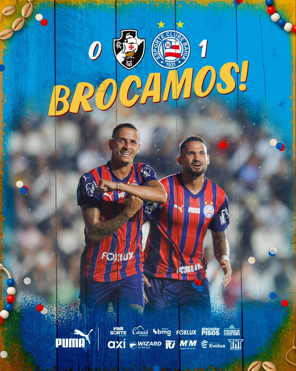 🙌🏽 JÁ É CARNAVAL, CIDADE!

Segundo triunfo seguido fora de casa do Bahia no Brasileirão 2026, assumindo a 2ª colocação. Juba marcou o gol tricolor diante do Vasco. Sábado é na Fonte! #TudoTemBahia #BBMP