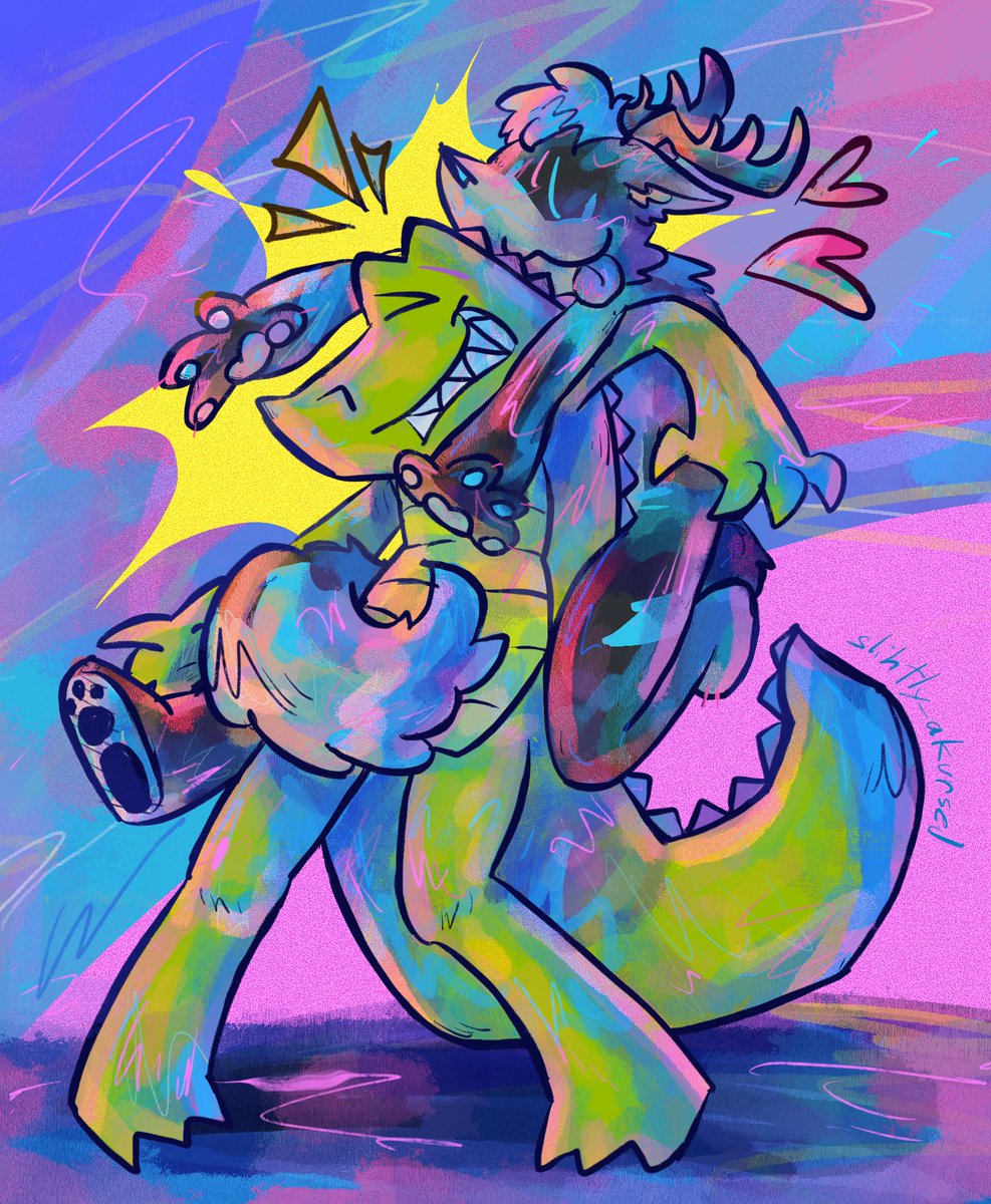 Old commission but I hadn’t posted it and it was really cute
(For <a href="/Gay_Bongos/">Bingo! 🐊🍉</a> &amp; and <a href="/p3anutbutters/">P3anutbutters</a> ><💚💜!!)
#Commission #Commissionsopen