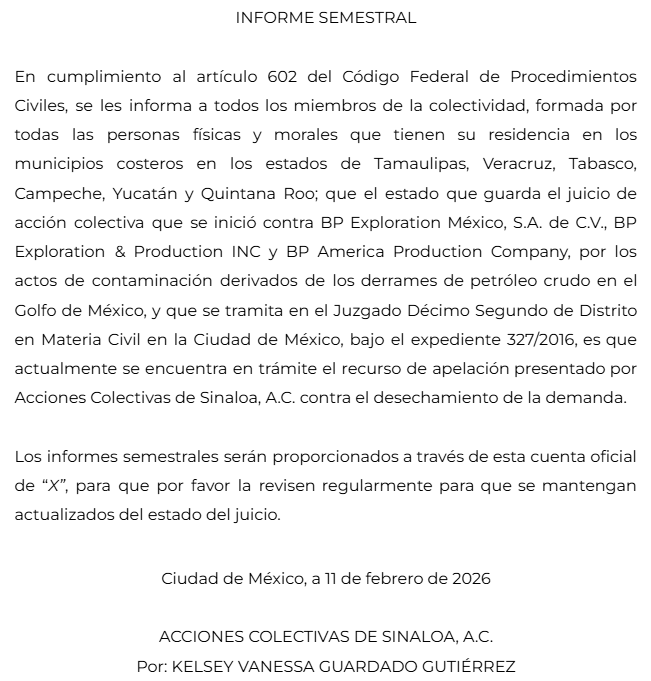 ACSinaloa's tweet photo. Les compartimos los informes semestrales, relativos a los juicios de acción colectiva presentados en contra de BP, con motivo del derrame de hidrocarburos desde la plataforma petrolera Deepwater Horizon, en el Golfo de México https://t.co/5hzVeTq3fe