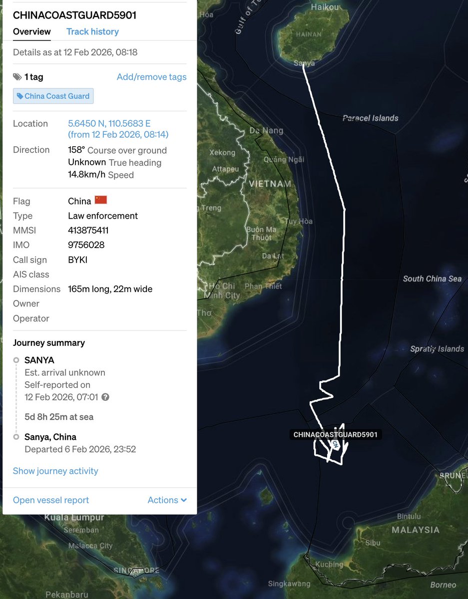 JasonLeeReports's tweet photo. Mere days ago, China Coast Guard 5901 (called "The Monster" due to its size) entered into the EEZs of Vietnam, Malaysia and Indonesia, in an attempt to assert China's outlandish claims in the South China Sea.

Image courtesy of @SeaLightFound. https://t.co/fmpAIAAYO1