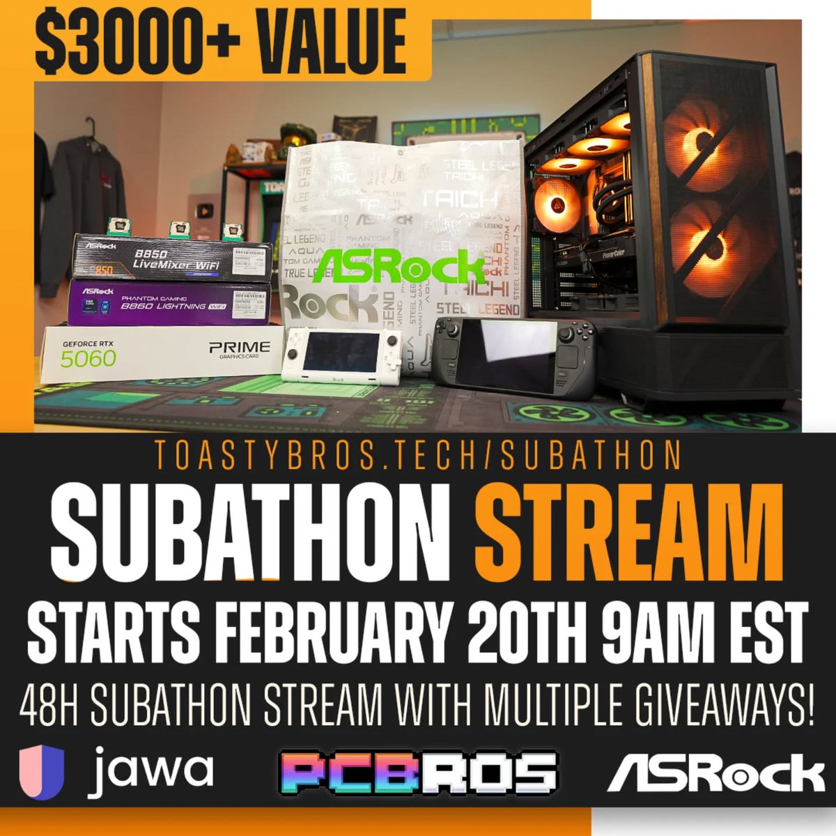 CaptZenos's tweet photo. It's the @ToastyBrosTech  &amp; @PCBrosLLC's 48 hr Subathon &amp; Giveaway stream. The stream is this Friday, Febuary 20h starting at 9am. They will be giving away a Gaming PC &amp; giving away Gift cards, &amp; Merch during the stream. Be there for your chance to win. https://t.co/7IDydi8Ib5 https://t.co/YYNRKluYmK