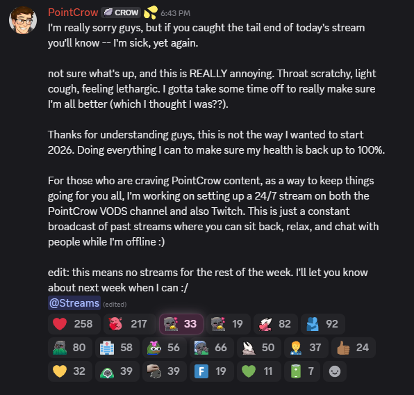 PointCrow's tweet image. small update from discord if you're wondering where videos and streams have been: