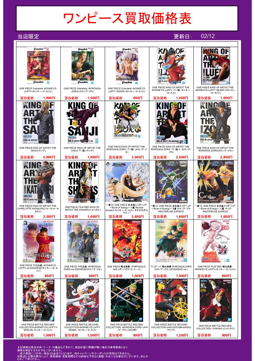 池袋本店限定❣】 プライズフィギュア買取表② 期間：2026/2/10（火