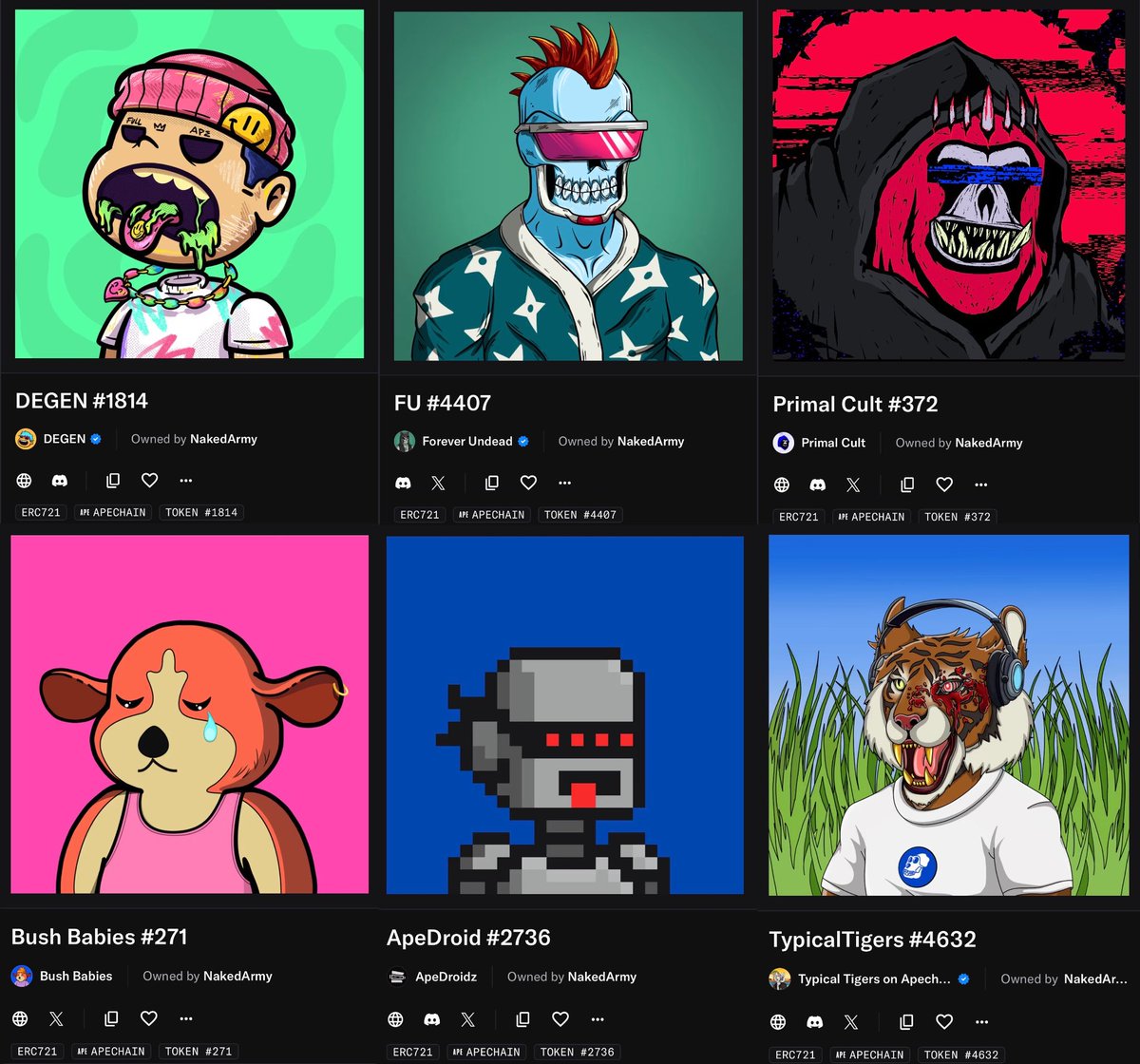 NakedArmyHQ's tweet photo. Wooooow just a massive massive thank you to the absolute legend @FelineSithLord lifting up the whole of #ApeChain around him

He donated these absolute BANGERS to the Naked Army Community Wallet to onboard legends to great communities 🤍

@Degenft_io @fuonape @primal_cult @BushBabyClub @ApeDroidz @TypicalTigerNFT 

So much love for you fam 🤙

Proud and grateful to be a partner brand and a close friend of Vader