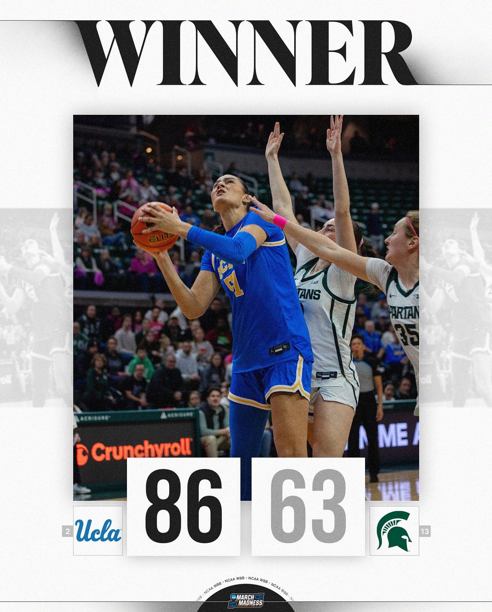 MarchMadnessWBB's tweet photo. UCLA CONTINUES TO DOMINATE ON THE ROAD 💪

No. 2 UCLA beats No. 13 Michigan State in East Lansing behind Lauren Betts’ 22 points.

#NCAAWBB x @UCLAWBB https://t.co/T0ntASrVuX