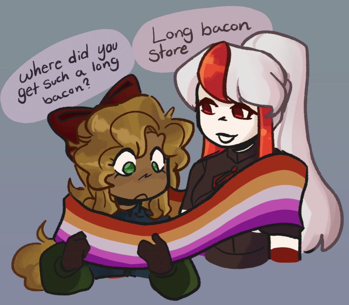 Long bacon!
"I liked the colors so I got it for us, what do you think?"

Peppermint belongs to <a href="/LemonLemondr0p/">Lemon</a> 

#ocart #jinglemint #yuri