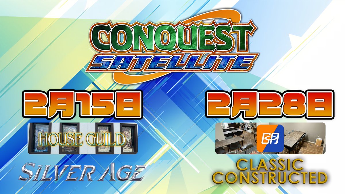 今週末2/15は、11:00〜、 @fabconquest 協賛イベント コンクエスト:サテライトを開催いたします！

当館はシルバーエイジで、2/28には同じ阪急沿線十三駅近くの専門店 <a href="/goagain55/">TCG Shop Go Again</a> さんでもクラシックでサテライトがあります。FAB始めたばかりの方でも気軽に楽しめるカジュアルなイベントです！