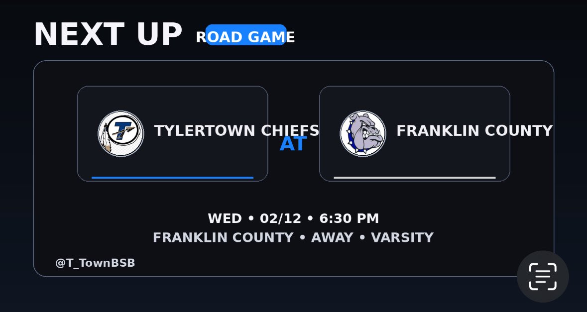 T_TownBSB's tweet photo. Rematch on the road. Thursday โข 6:30 PM at Franklin County. Letโs respond. ๐โพ๏ธ @TheEJlive @SouthwestBroad1 #ChiefsBaseball #MSBaseball #TylertownBaseball https://t.co/sRXl20QJ2O