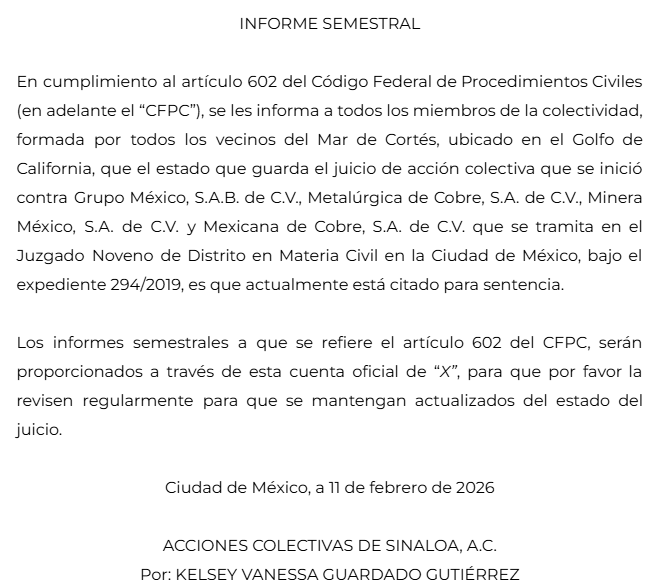 ACSinaloa's tweet photo. Les compartimos el informe semestral, relativo al juicio de acción colectiva difusa presentado en contra Grupo México y otras empresas, por los actos de contaminación generados con motivo del derrame de ácido sulfúrico ocurrido en el Mar de Cortés, en julio de 2019. https://t.co/0ev3n3KyG2