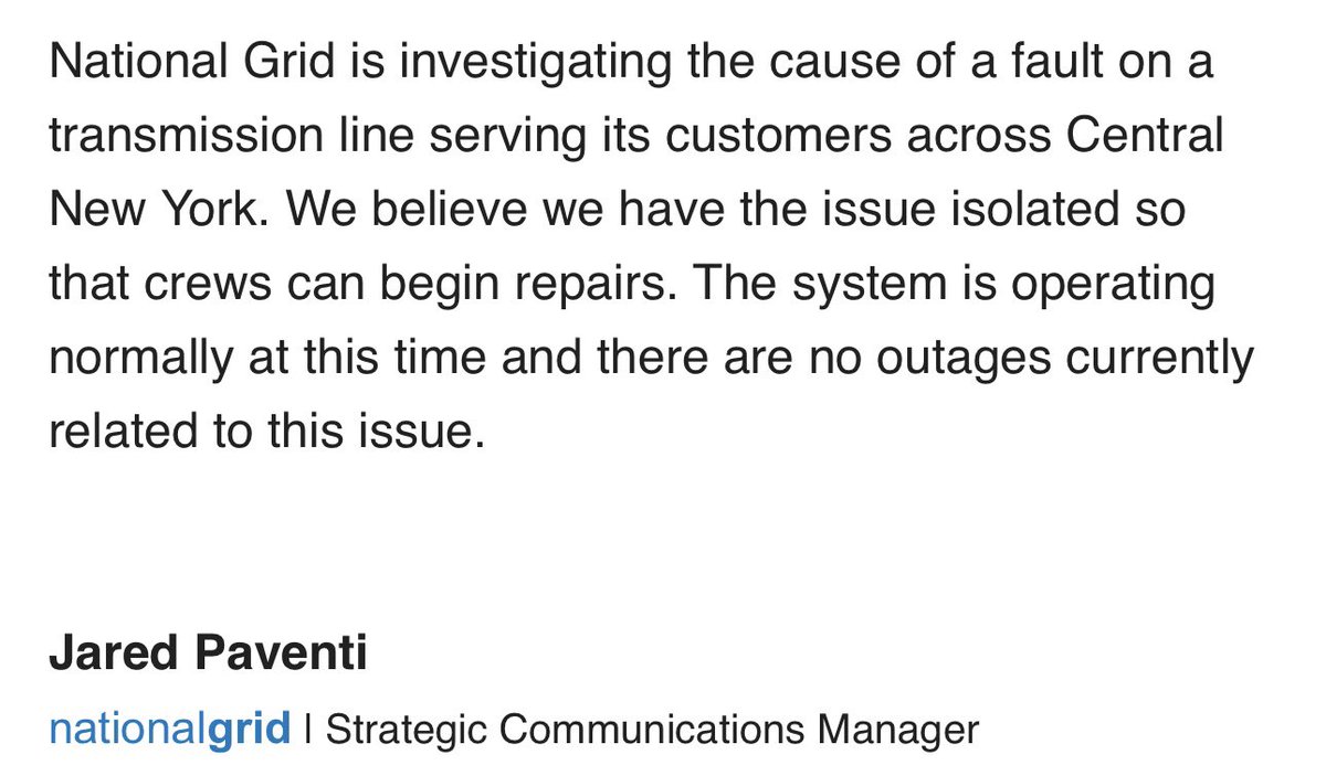 AndrewDonovan's tweet photo. National Grid issues statement to @NewsChannel9 in response to light flickering that was experienced in homes and businesses across the region including at the Syracuse University Men’s Basketball game. Thank for the quick response, @JaredPaventi_NG. https://t.co/dnRJeZ72iW