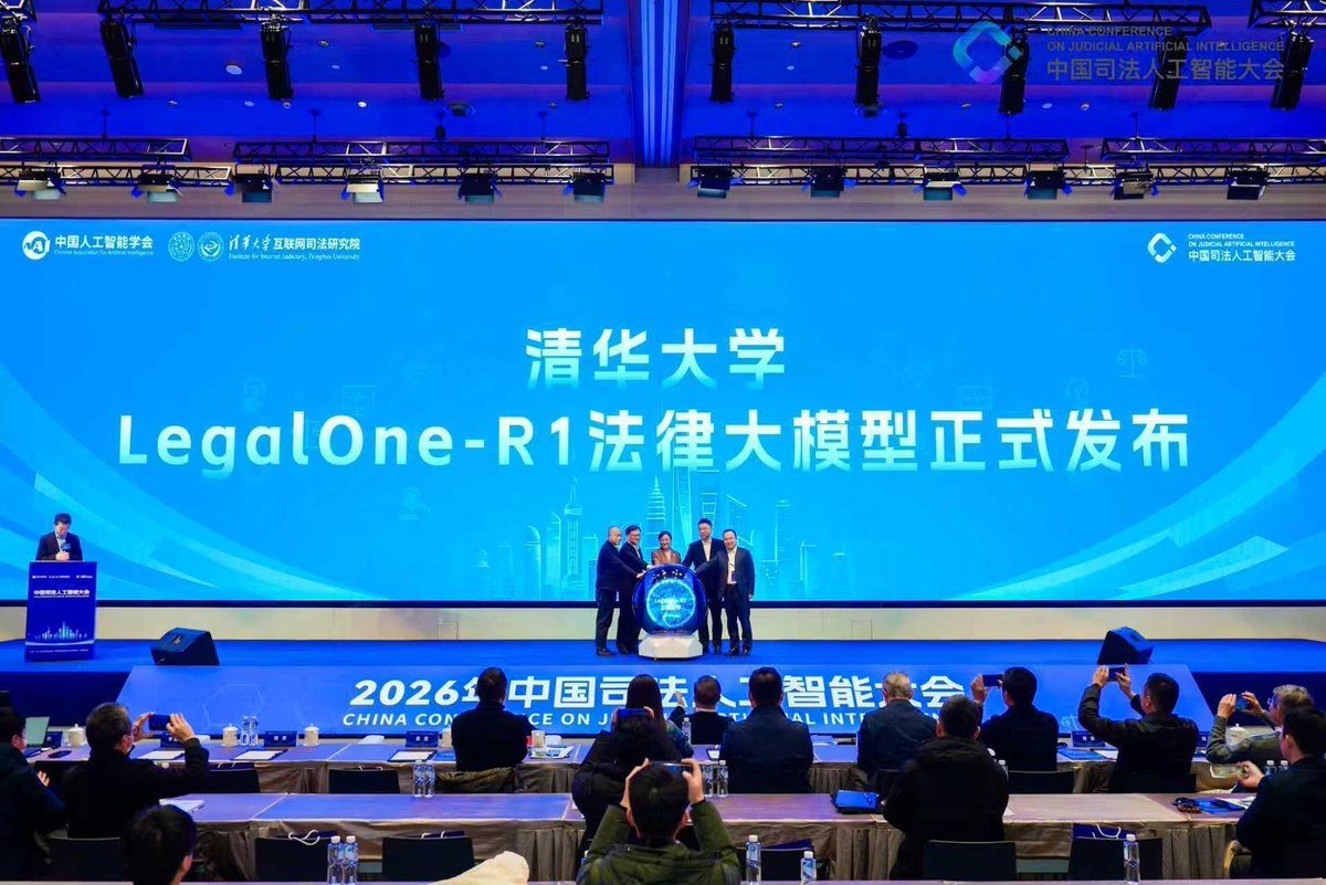 Tsinghua_Uni's tweet photo. AI for justice! At CJAI2026, Innovative Tsinghua @thuir_lab, @thudcst and collaborators released LegalOne-R1, a 8B model achieving professional-level performance comparable to DeepSeek-R1 and GPT-5 on Chinese legal tasks, supporting legal tech in courts. https://t.co/fCgAyphkwY