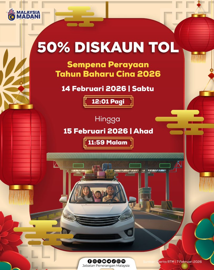 JPenerangan's tweet photo. Kerajaan MADANI menawarkan diskaun tol 50% bagi kenderaan Kelas 1 sempena Tahun Baharu Cina 2026 sebagai usaha meringankan kos perjalanan rakyat. 🚗🧧

Selamat memandu dan rancang perjalanan dengan selamat. 🇲🇾

#RancakkanMADANI
#MADANIBekerja
#TaatSetia
#JabatanPenerangan https://t.co/axzTpfi7ra
