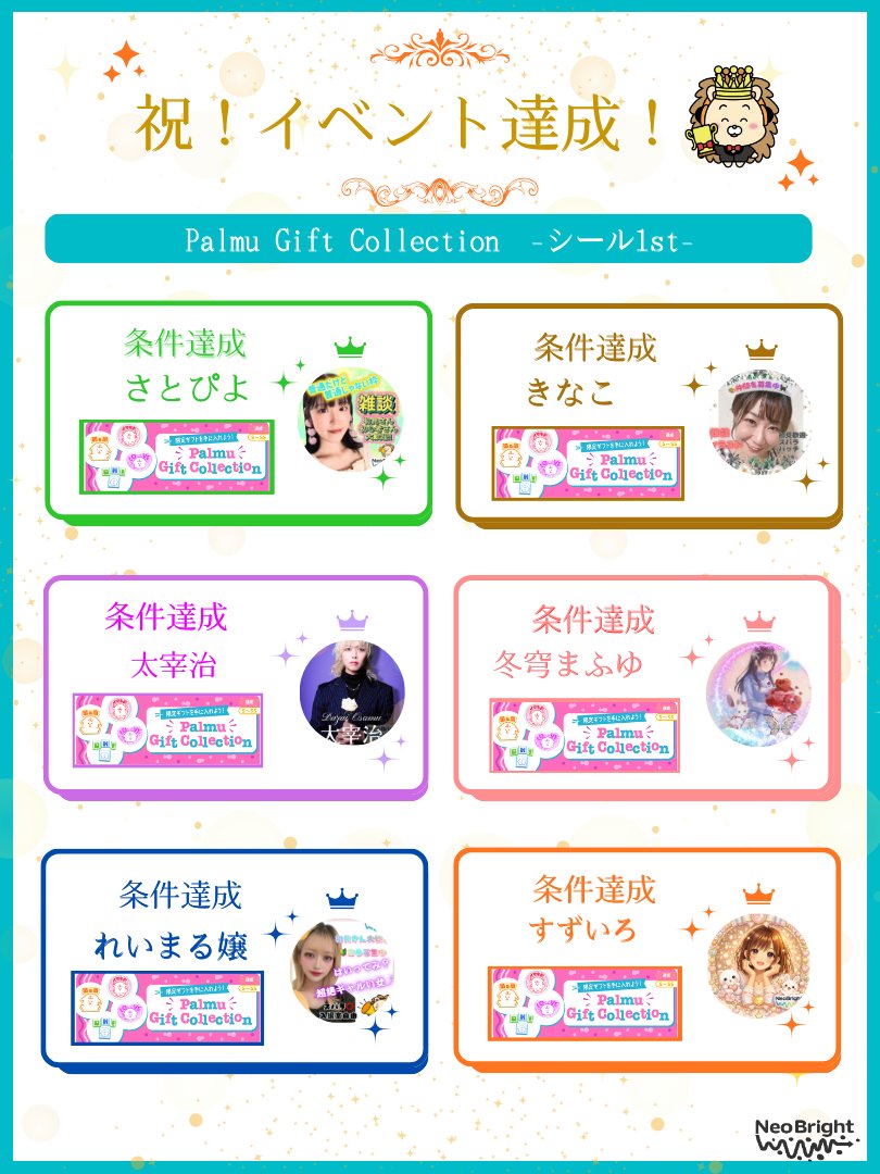 neobright_liver's tweet photo. ライブコミュニケーションアプリ『Palmu』の

『Palmu Gift Collection　-シール1st -』

で条件達成をしたライバーさんを表彰します🥳✨

達成者の一覧は添付画像でチェックしてください😊
引き続き応援よろしくお願い致します✨

#ライバー事務所
#NeoBright https://t.co/CfBaVbFus6