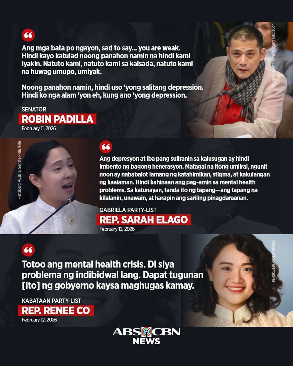 ABSCBNNews's tweet photo. 'TOTOO ANG MENTAL HEALTH CRISIS'

Sinagot ng dalawang mambabatas ng Kamara ang pahayag ni Senador Robin Padilla na "mahina" ang mga kabataan ngayon kumpara noong panahon niya.

Sa halip na maliitin, dapat anilang tugunan ng pamahalaan ang depresyon at iba pang suliranin sa kalusugan.

Kaugnay na ulat: https://t.co/P6QHJCyNCa
