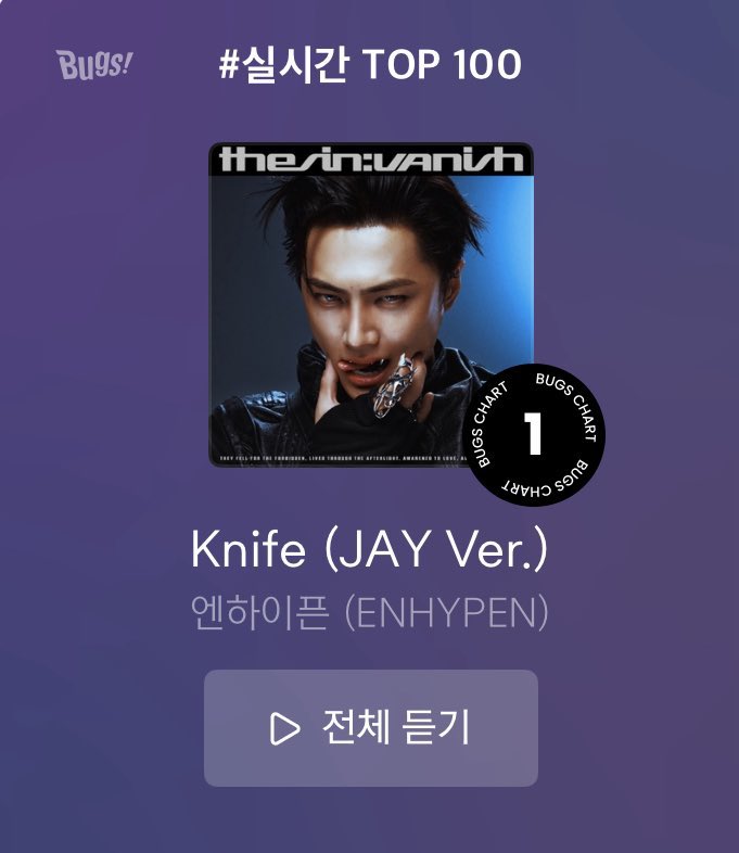 'Knife (JAY Ver.)' re-peaks at #1 on Bugs Realtime chart! 🖤

#EN_Knife #THE_SIN_VANISH #ENHYPEN #엔하이픈 <a href="/ENHYPEN_members/">ENHYPEN</a> <a href="/ENHYPEN/">ENHYPEN OFFICIAL</a>