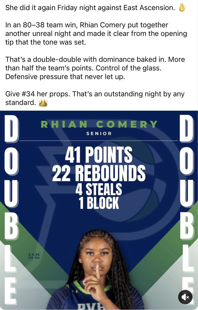 RhianComery's tweet photo. Prairieville High School vs East Acension

 In an 80–38 win, Rhian Comery set the tone from the opening tip and never let up.

#RhianComery #34 #GirlsBasketball #HighSchoolHoops #StudentAthlete #DoubleDouble #GameChanger #BallOut https://t.co/kVWXnNB4Zh
