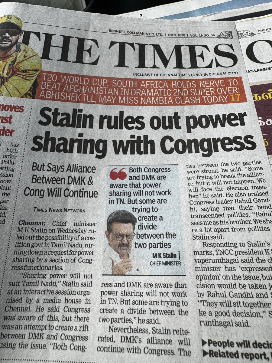 sardesairajdeep's tweet photo. First headline in @timesofindia Chennai is @IndiaToday interview with @mkstalin where he ruled out power sharing with Cong. BUT as often is the case with India’s largest circulating newspaper , TOI doesn’t give credit: itni kanjoosi aur nainsaafi kyon? @TheHindu by contrast gives due credit: a tale of  two newspapers! 😊