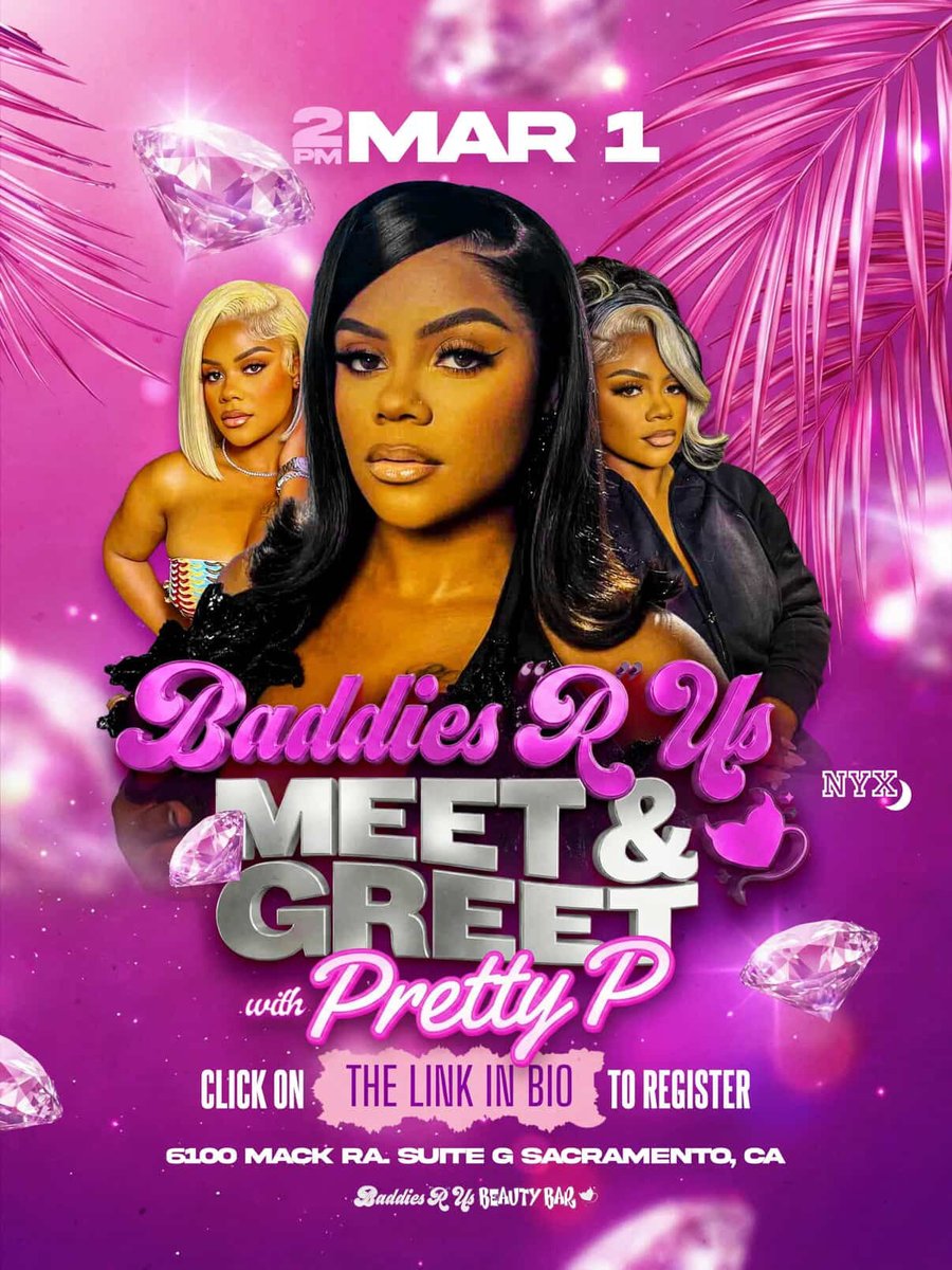 Sacramento, California 🚨💕
🎟️ Click the link to get your tickets NOW no paying at the door! eventbrite.com/e/pretty-p-mee…

Pretty P is pulling up to Baddies R Us 💕 Beauty Bar March 1st at 2PM!

This is your chance to meet &amp; greet, take pics, network, and catch a whole vibe with us