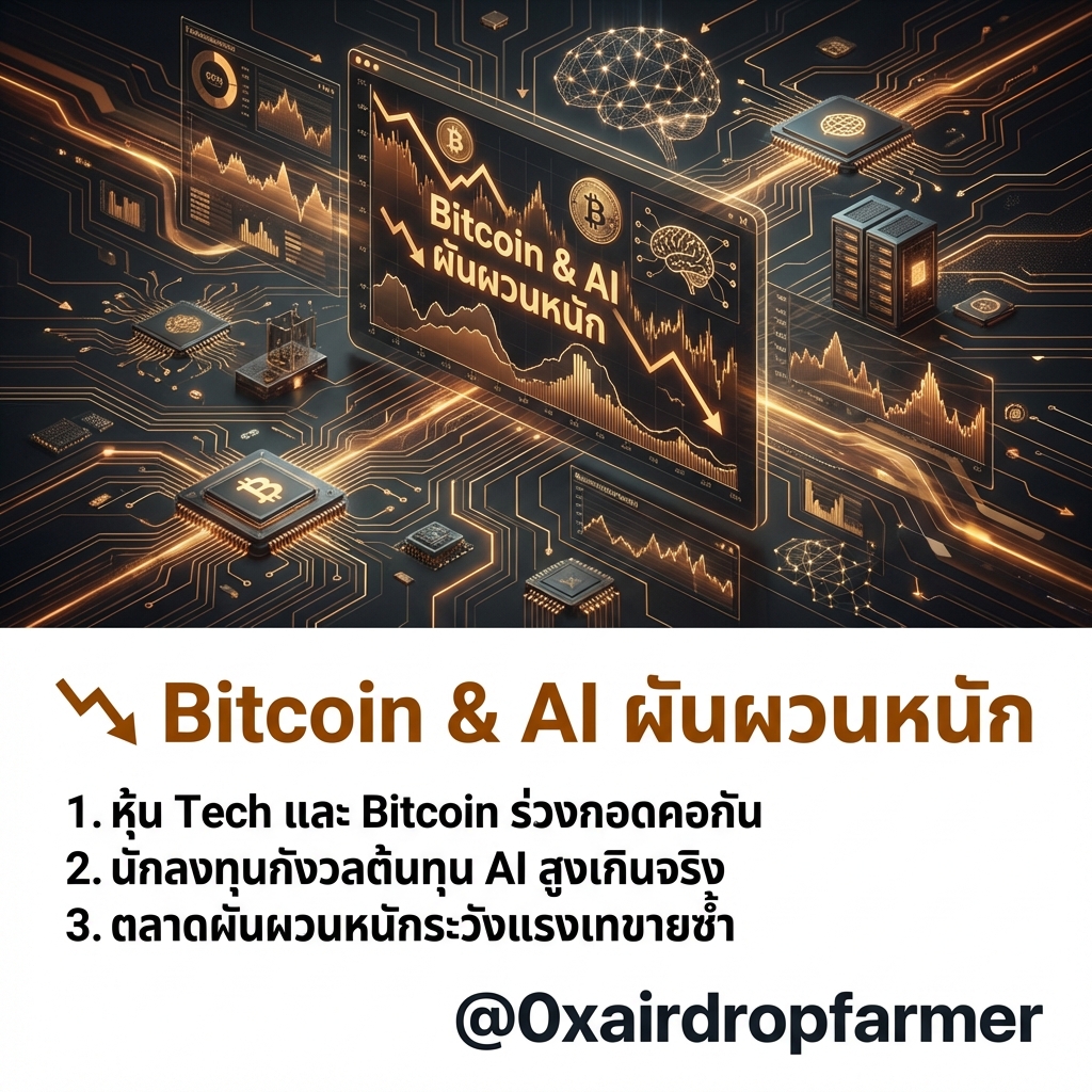 0xairdropfarmer's tweet image. 1/10 ตลาดเลือดสาด! Bitcoin ร่วงหนักพร้อมหุ้น Big Tech มูลค่าหายวูบ ความสัมพันธ์ระหว่าง Crypto และ AI กำลังปั่นป่วนตลาด หรือฟองสบู่กำลังจะแตก? เจาะลึกสาเหตุที่นักลงทุนต้องรู้ 👇 #Bitcoin #AI #TechStocks