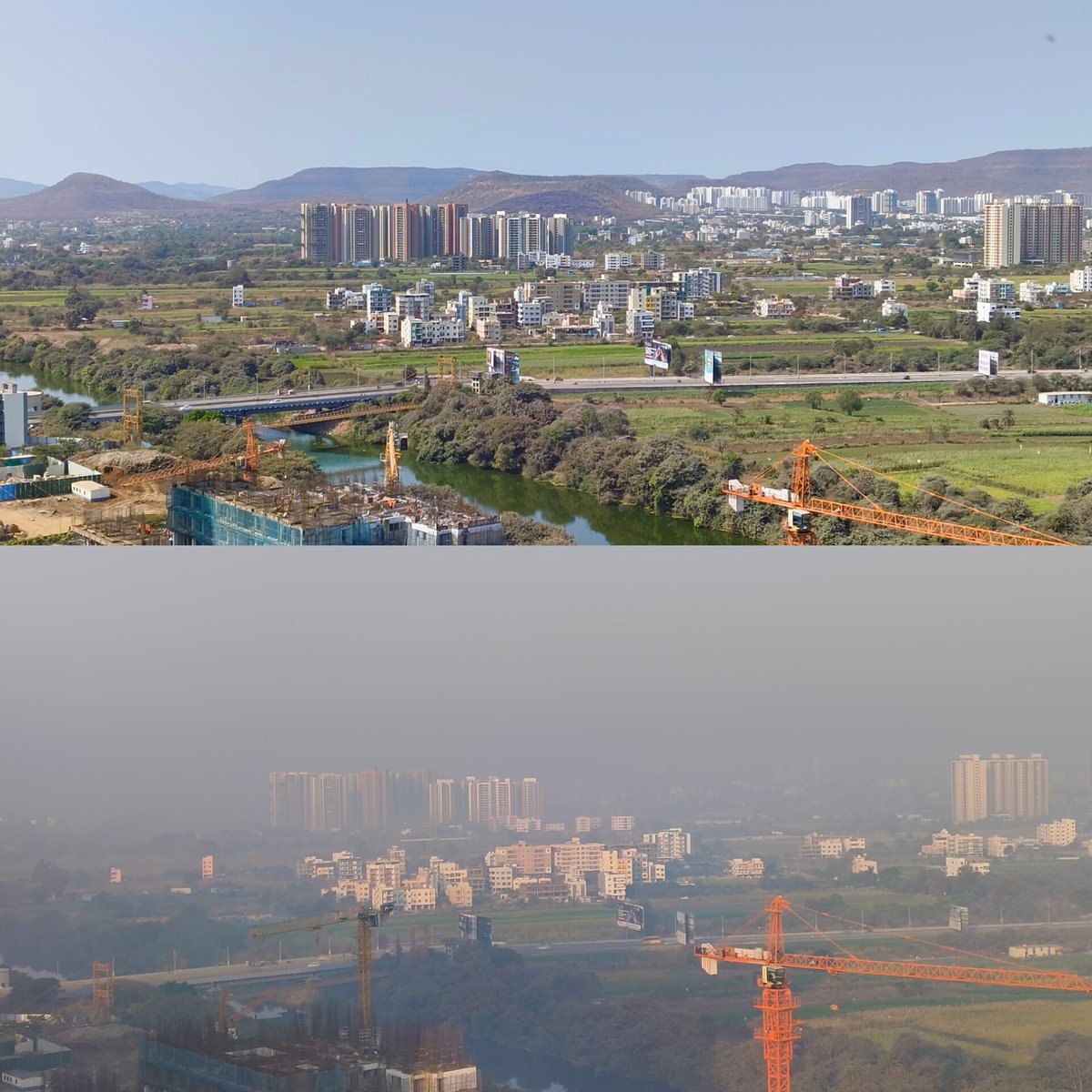 Giri_devesh89's tweet photo. Both pictures are from my  balcony...one with AQI 70 during rain and the other is > 250. Just see the level of pollution we are living in..thanks to the Government!

Ps this is Pune and no it's not fog

@TOIPune
@Dev_Fadnavis @Pune24x7
@narendramodi @CPCB_OFFICIAL
@mpcb_official https://t.co/YZ6DFA1w3N