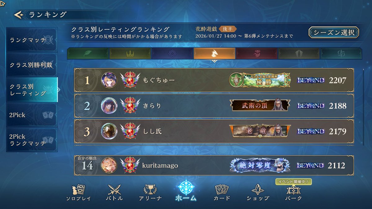 進化ドラゴンで今期も2100到達〜。
ドラゴン村に2100が20人いるの怖すぎ。
Day2あるのでリストは非公開🙏