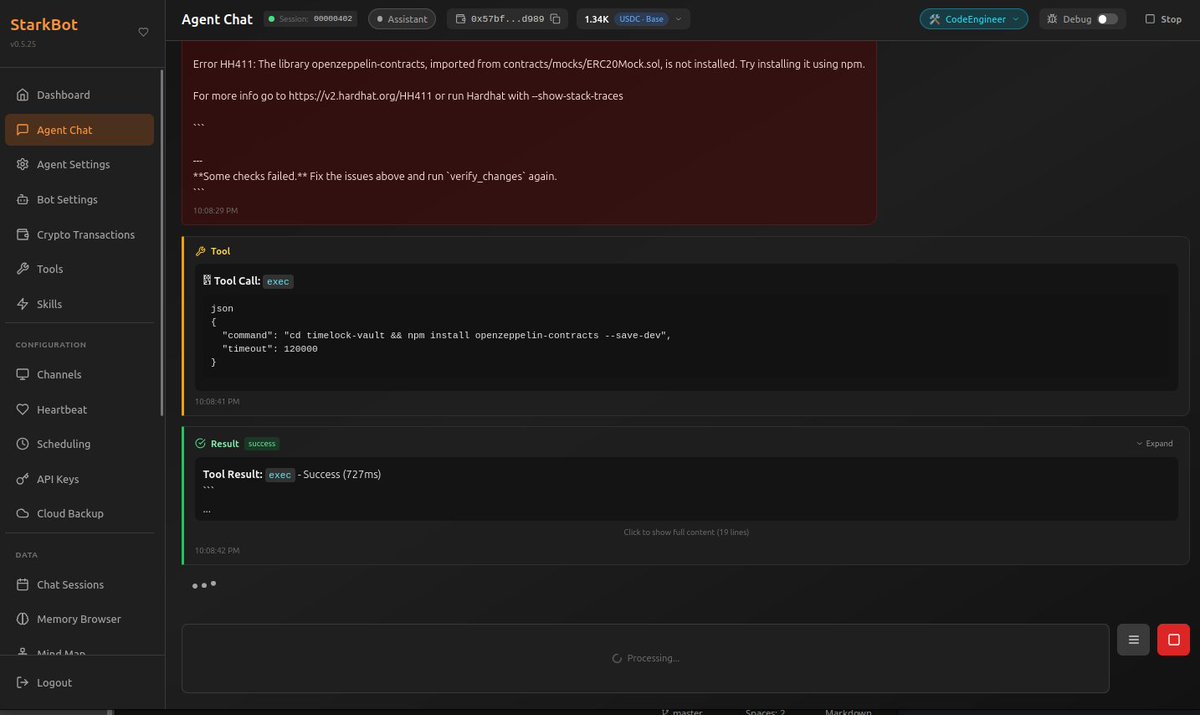Major upgrades to Starkbot's ability to build software apps today.  Integrated a kanban board with tools the agent can use to read/write to it - nice for automation also.

Here is my stark creating a solidity token timelock contract from scratch (off a template). He tests it with