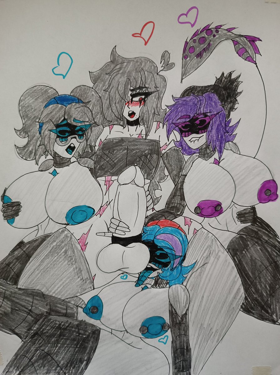 Emily, Rebecca and Uzi. You don't get to see a human in the colony every day~

#femboy #femboyart #oc #ocart #art #nsfwart #nsfw #goth #murderdrones #mdnsfw #ocxcanon #emily #rebecca #uzi #uzidoorman
